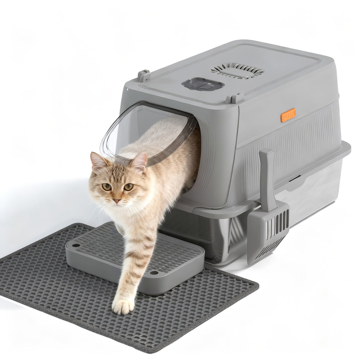 Bac à litière pour chat surdimensionné en acier inoxydable avec couvercle, toilette intérieure pliable anti-éclaboussures avec porte à rabat avant et contrôle supérieur des odeurs