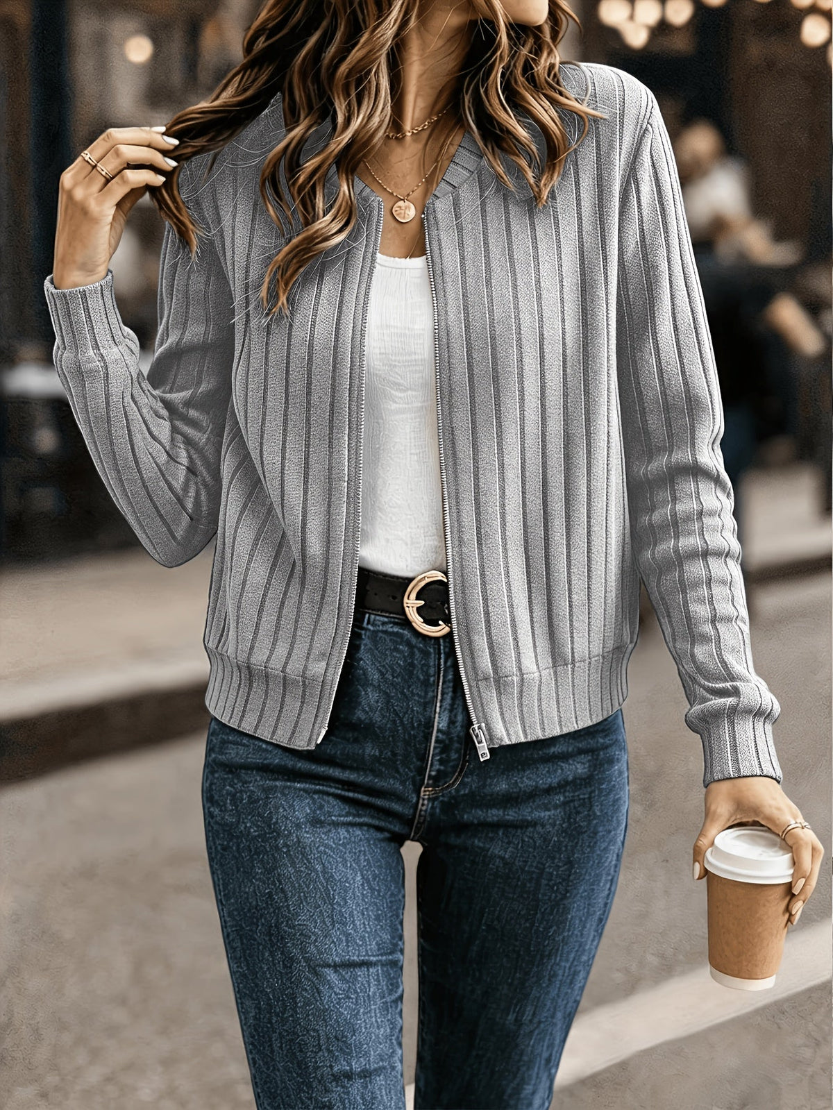 Women's Solid Color Ribbed Zip-Up Long Sleeve Jacket Coat – Elegant Casual Commuter Outerwear Fall Winter Knit Top
