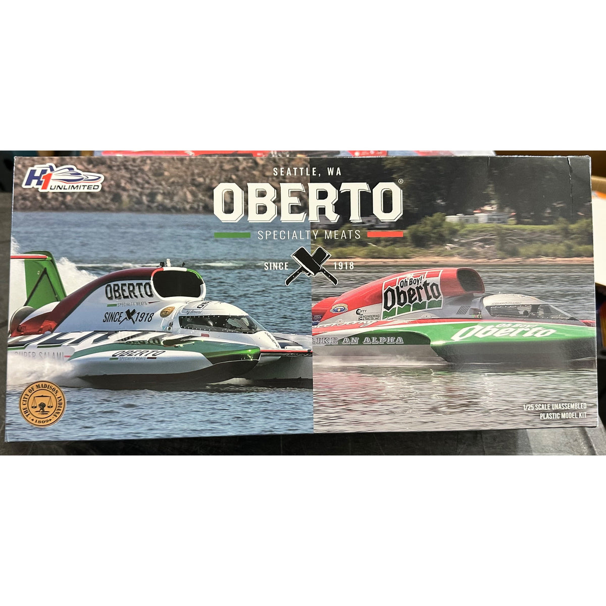 Maquette plastique d'hydravion Unlimited Oh Boy Oberto à l'échelle 1/25 – 51 pièces, présentoir en acrylique avec puce sonore, peintures, colle, pinceaux et décalcomanies à l'eau, cadeau de collection pour les fans d'hydravions