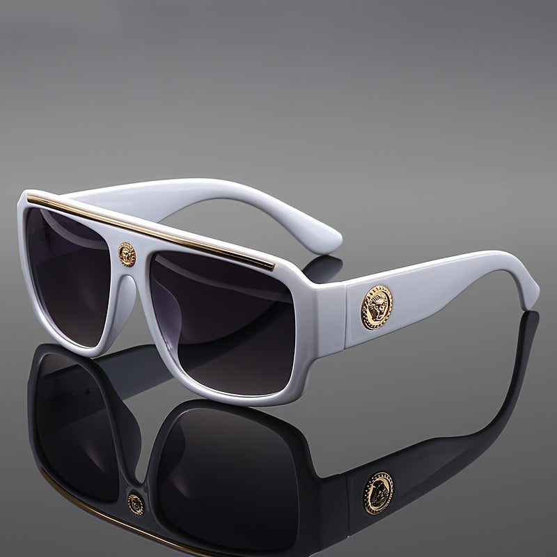 Lunettes de soleil carrées oversize style cyberpunk pour hommes – Monture extra large 139 mm et plus, bordure en métal noir et doré, verres décoratifs, lunettes de mode urbaine futuriste et cosplay