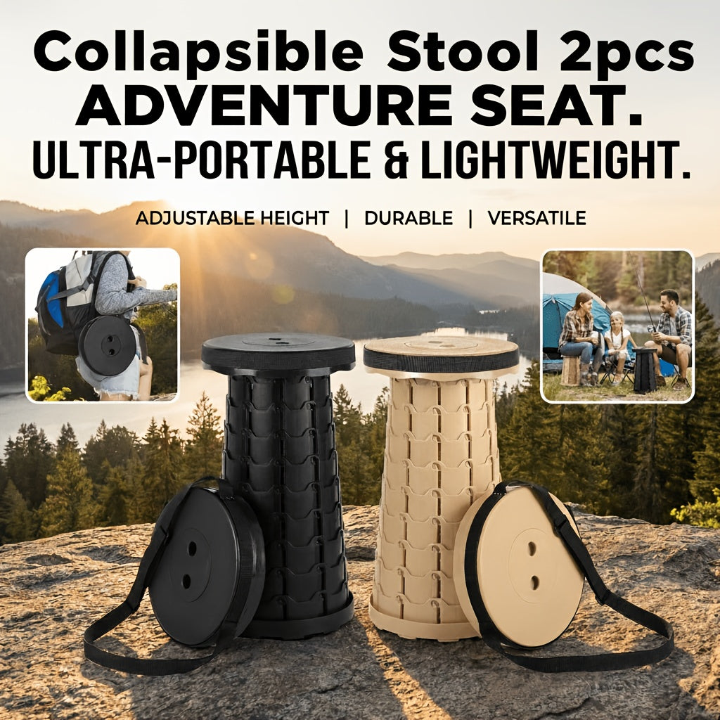 Lot de 2 tabourets pliants télescopiques, capacité 180 kg, siège rétractable portable pour camping, pêche, randonnée, cuisine et extérieur – Tabouret arc-en-ciel léger – Noir