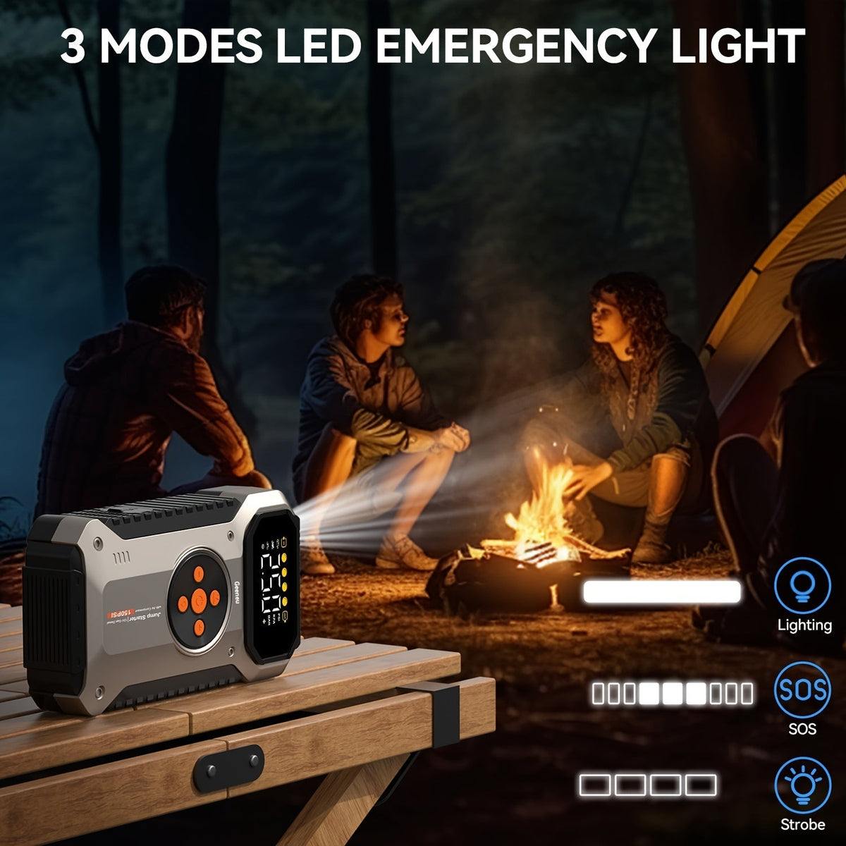 Démarreur de voiture 4000A avec compresseur d'air et gonfleur de pneus – Booster de batterie portable tout-en-un pour moteurs essence et diesel, lampe LED, batterie externe USB, affichage numérique, démarreur d'urgence compact