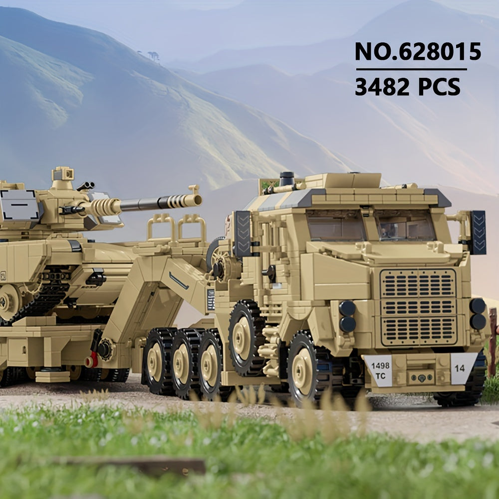 Set de construction de 3482 pièces - Camion de transport de char militaire, modèle de véhicule lourd MOC, kit de construction pour adultes, cadeau pour passionnés de militaire, pièce de collection, briques compatibles