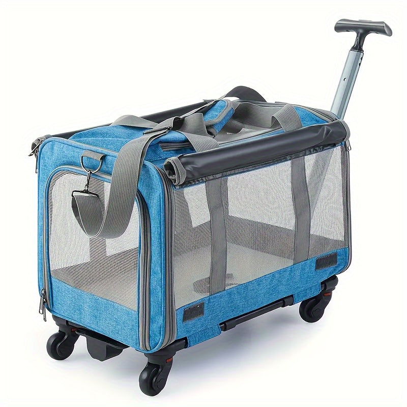 Portable Pet Stroller Carrier with Aluminum Frame & Wheels - Travel Luggage Style Rolling Pet Carrier for Cats Small Dogs with Pull Handle Stress-Resistant Plastic Shell - Pink Blue