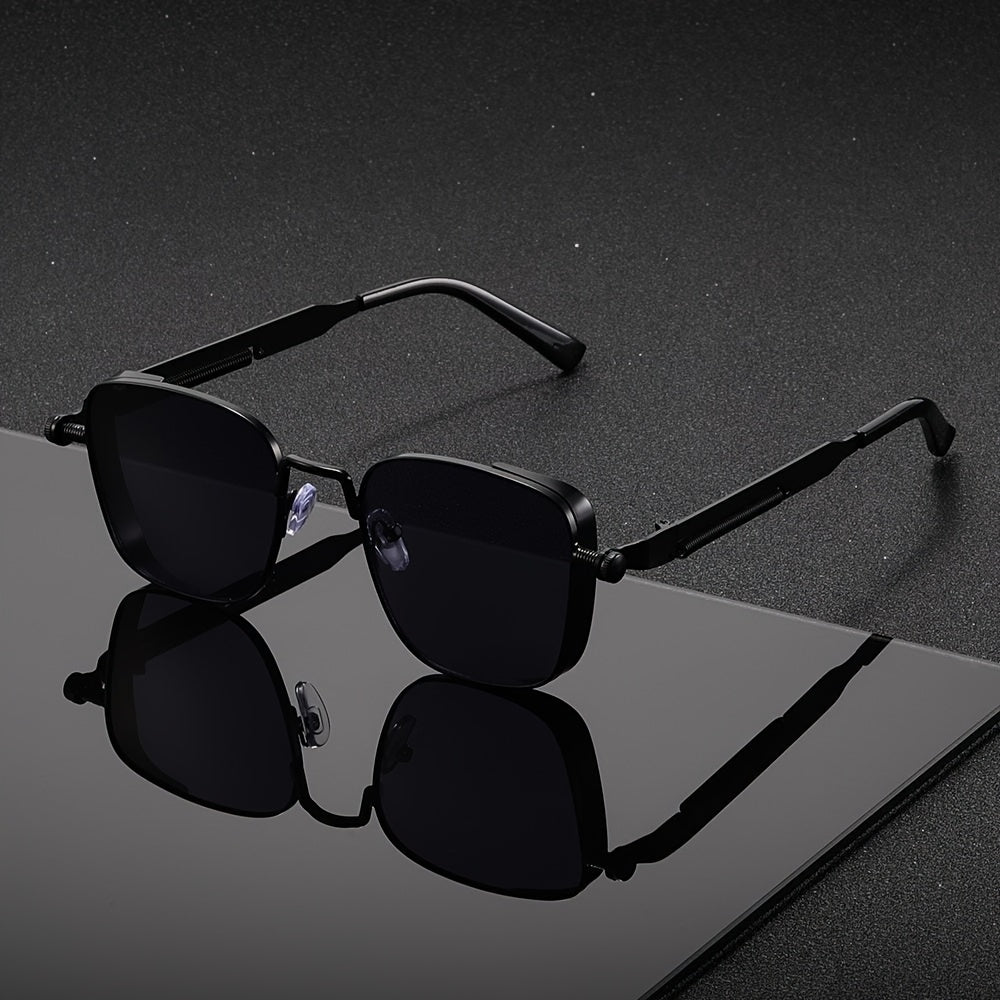 Lunettes de soleil carrées rétro steampunk pour hommes et femmes – Monture en métal vintage, verres dégradés verts, protection UV400, lunettes de fête, streetwear et festival avec étui et chiffon, idée cadeau unique