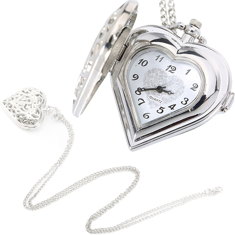 Collier montre à gousset rétro en forme de cœur pour femme – Bijou vintage argenté à quartz avec pendentif ajouré, chaîne de pull, cadeau pour femme