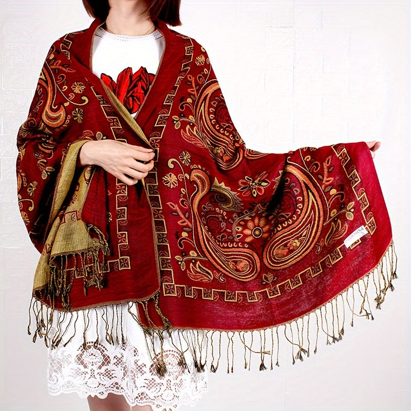 Écharpe châle en jacquard cachemire à motif cachemire avec franges pour femme, style bohème ethnique, accessoire doux et chaud pour le voyage, les festivals ou le quotidien, 8 couleurs