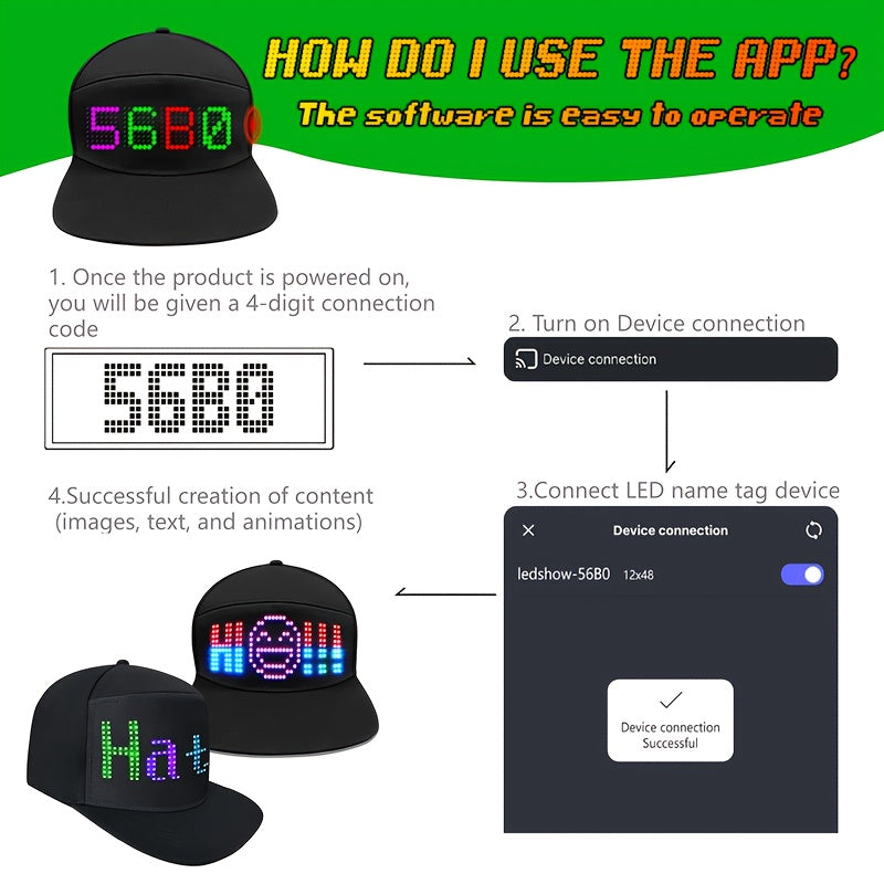 Casquette LED programmable contrôlée par application avec texte défilant et animation, casquette lumineuse unisexe réglable, intelligente, pour fête, mariage, Saint-Valentin, carnaval, festival, hommes et femmes