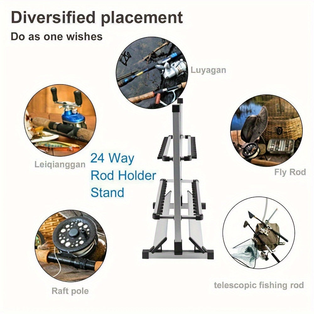 Support de cannes à pêche portable pour 24 cannes, en alliage d'aluminium résistant à la rouille avec poignées rembourrées - Rangement léger pour garage, chalet, chambre et équipement de pêche
