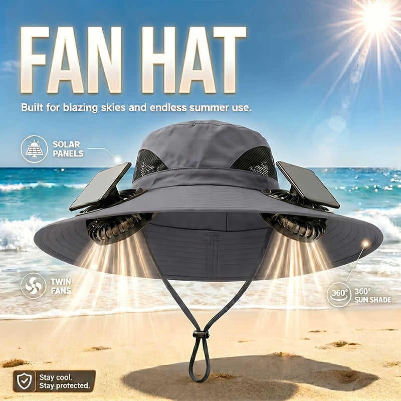 Chapeau de soleil à larges bords avec ventilateurs solaires – 2 ventilateurs solaires intégrés, vitesse du vent réglable, maille respirante, chapeau d'extérieur anti-UV avec mentonnière pour la pêche, le camping et les voyages