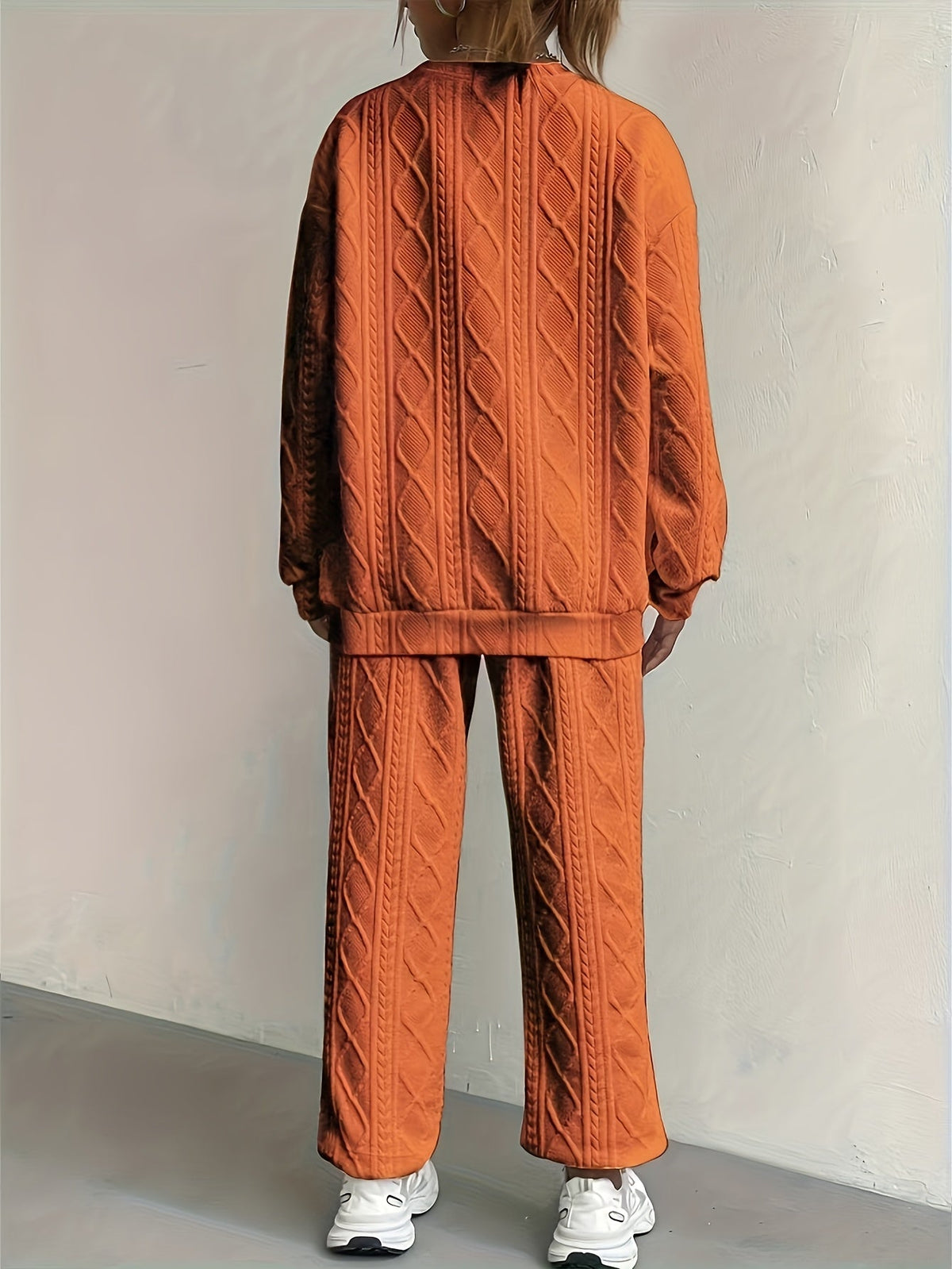 Ensemble survêtement 2 pièces pour femme – Haut à manches longues et col rond en jacquard texturé et pantalon de jogging, tenue de détente décontractée et respirante pour le printemps et l'été S-XXL