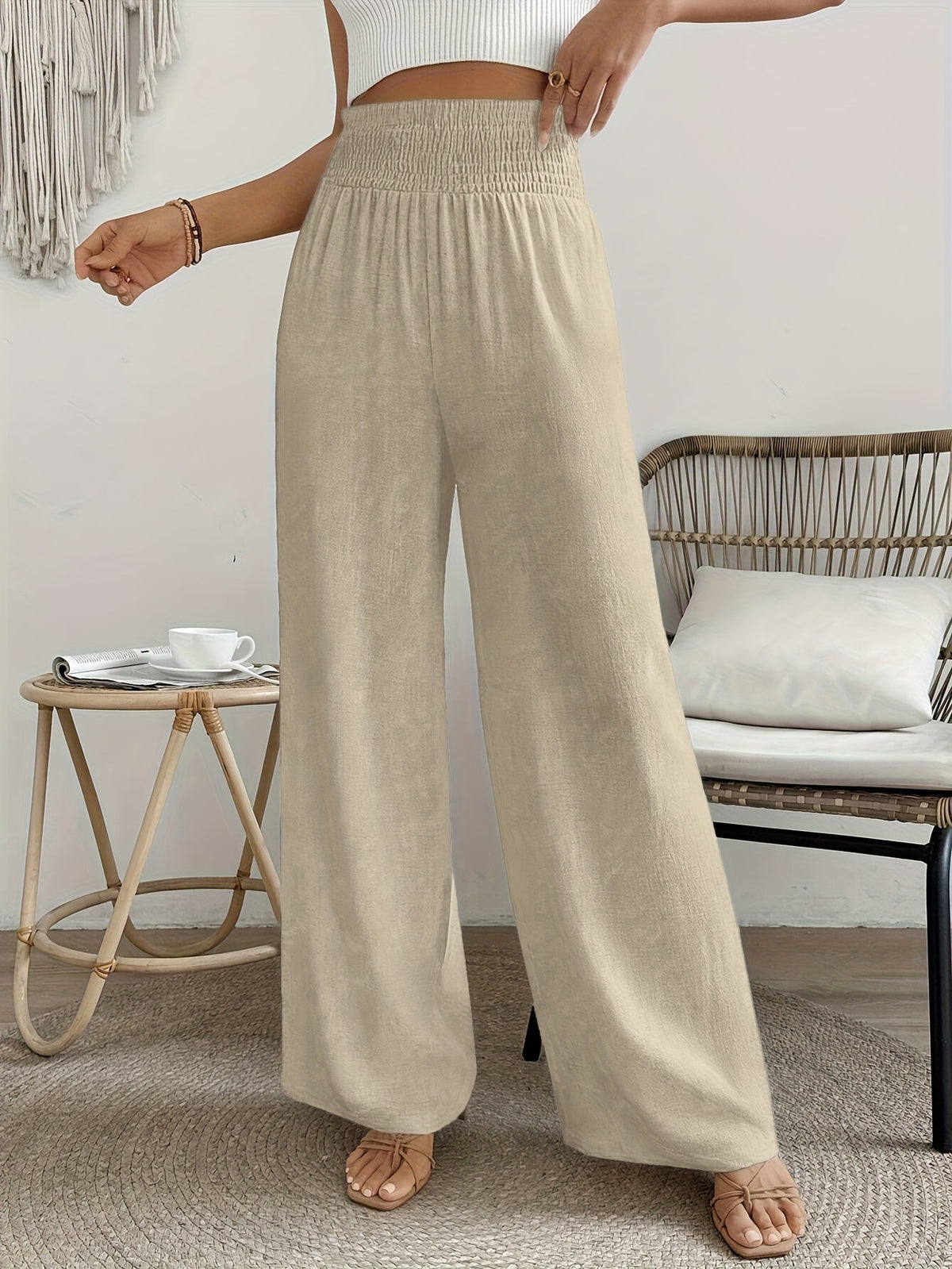 Pantalon élégant taille haute pour femme, couleur unie, matière lisse légèrement extensible - Pantalon décontracté chic, lavable en machine, idéal pour le printemps, l'été, l'automne, le bureau ou le quotidien