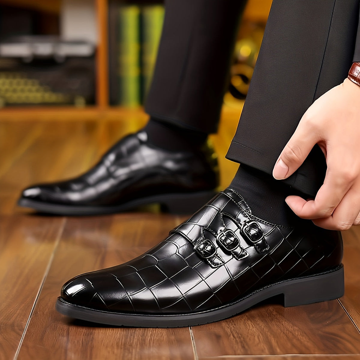 Chaussures habillées à double boucle pour homme, texture façon pierre, mocassins à enfiler – Style Oxford élégant et tendance pour le travail, les mariages et les grandes occasions, tailles US 6 à 12,5