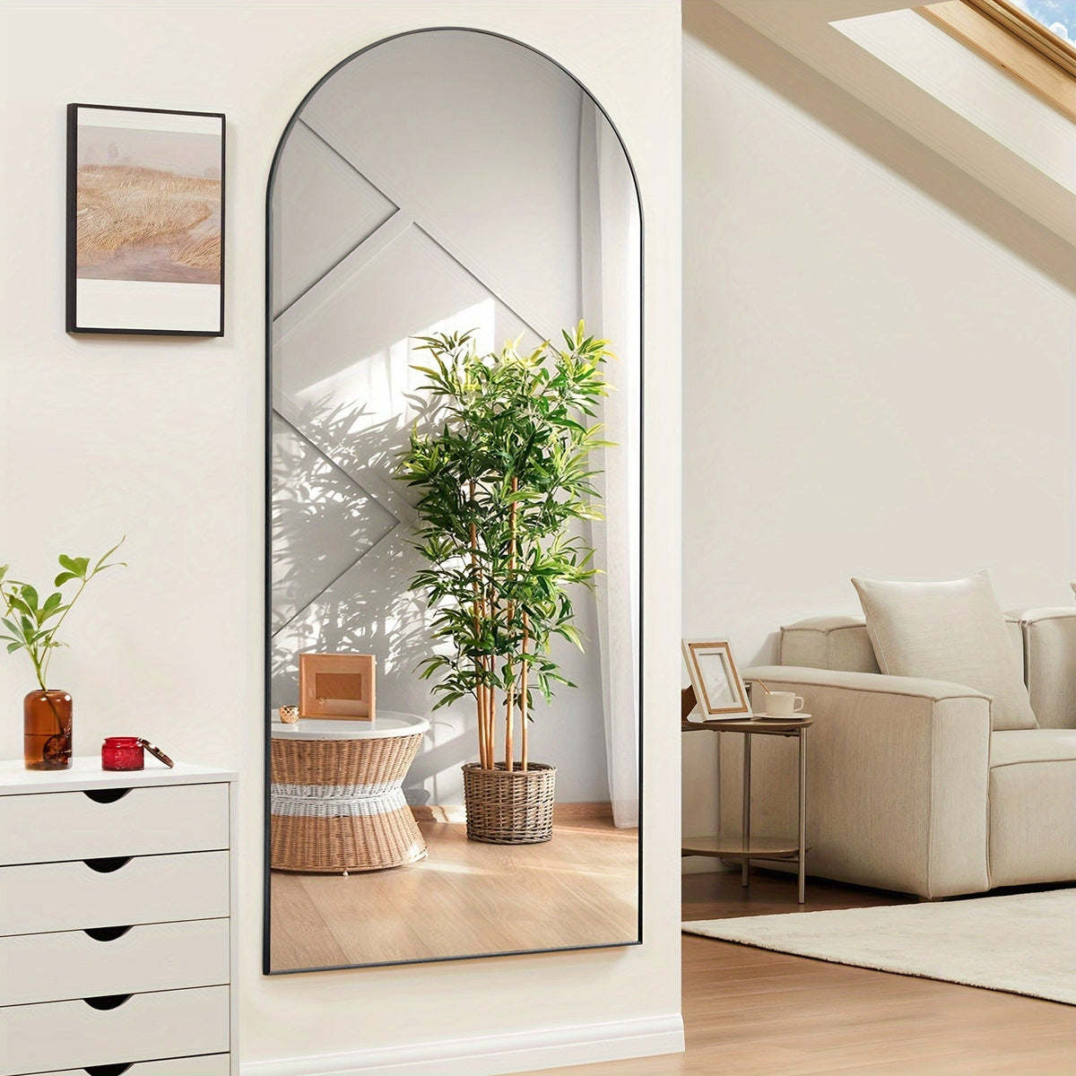 Miroir pleine longueur arqué avec support 64x21 / 59x16 pouces, miroir de sol en verre nano incassable avec cadre en alliage d'aluminium, miroir pleine longueur sur pied pour chambre, salon, vestiaire, décoration murale