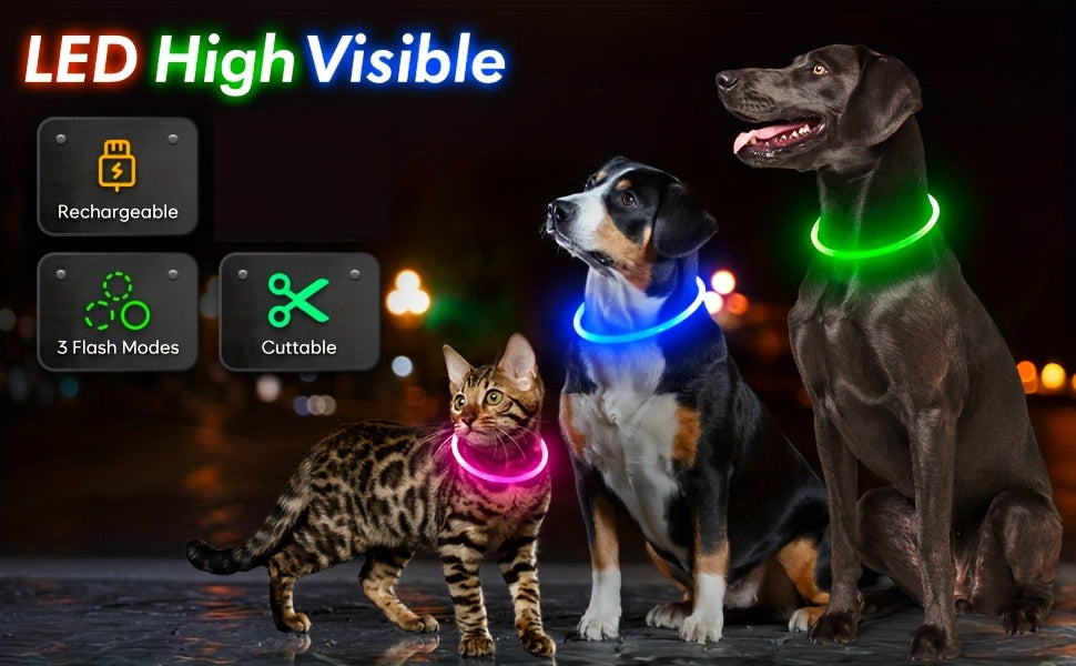 Collier pour chien à LED rechargeable par USB – Collier de sécurité lumineux à 360° avec 3 modes, réglable et découpable en TPU pour chiens de petite, moyenne et grande taille, idéal pour les promenades nocturnes, la course et la chasse
