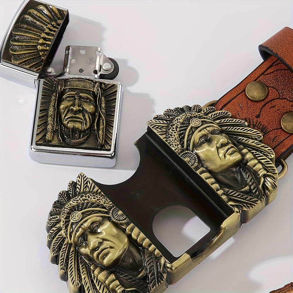 Ceinture de cowboy rétro avec briquet amovible – Ceinture fantaisie à motifs imprimés en relief (tête de mort, aigle, croix et motifs amérindiens), cadeau original pour hommes pour Noël, Thanksgiving et la Saint-Valentin
