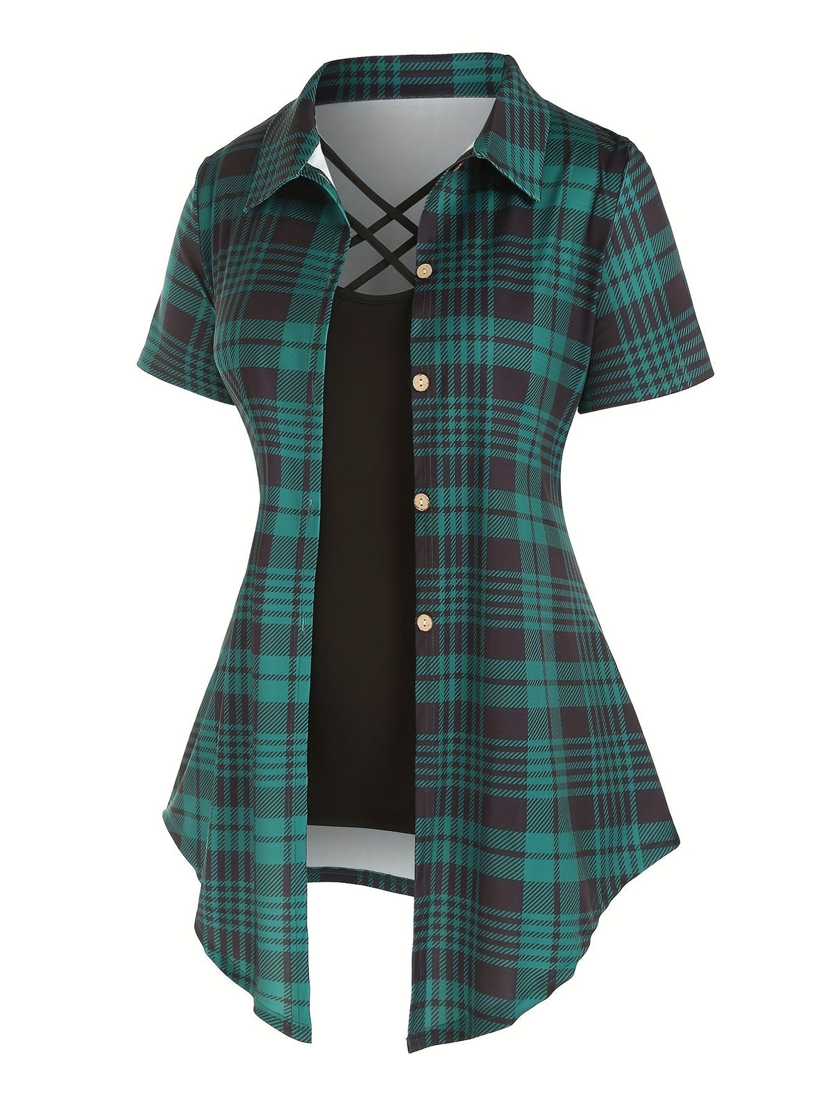 Women's Two-Piece Set Plaid Button Front Shirt & Solid Cami Top β Casual Summer Matching Outfit Set for Women S M L XL XXL Purple Milky Green