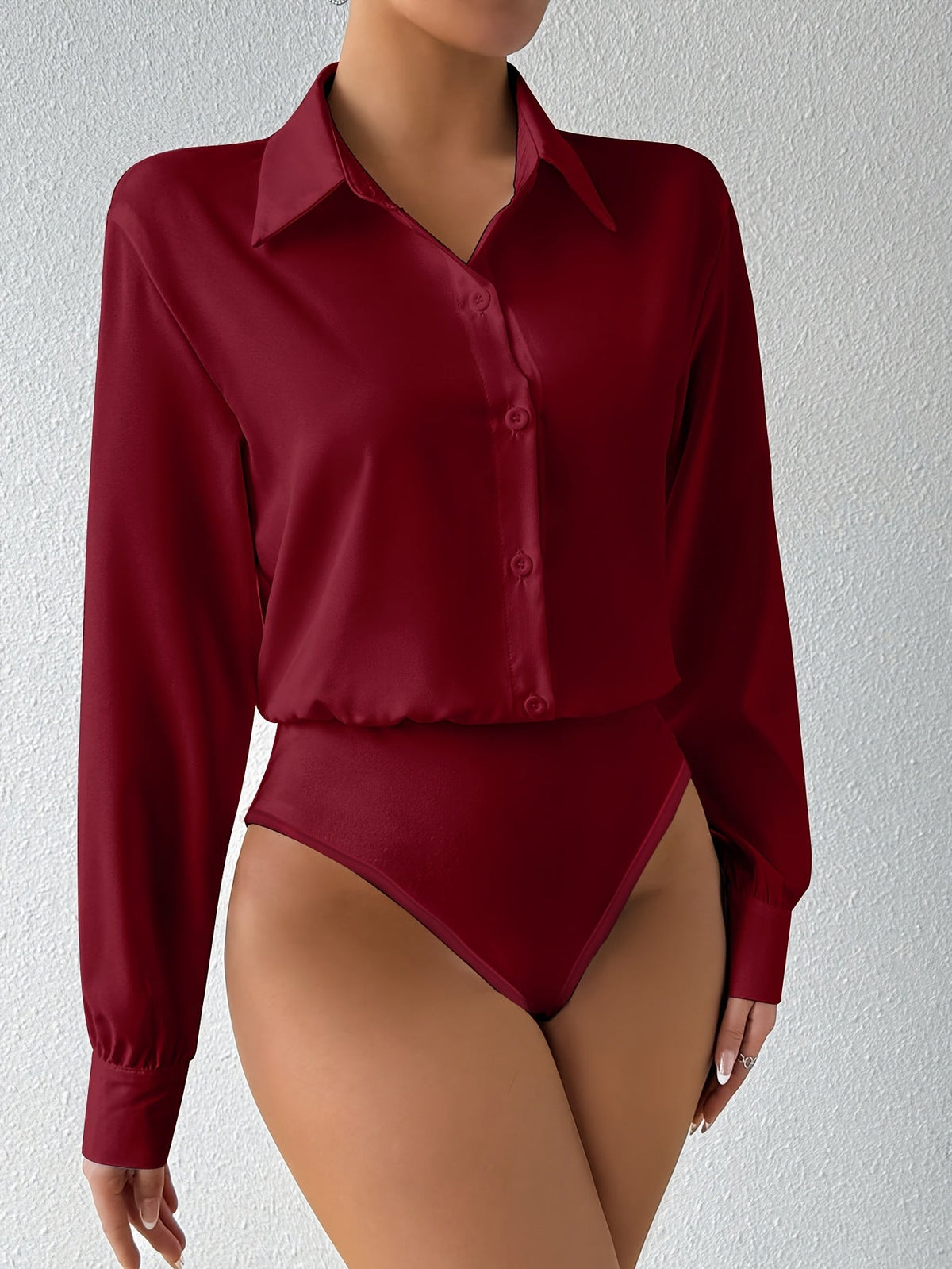 Body à manches longues pour femme, couleur unie, col à revers avec boutons, fermeture à boutons-pression à l'entrejambe, haut ajusté et extensible, chemisier à col roulé pour femme