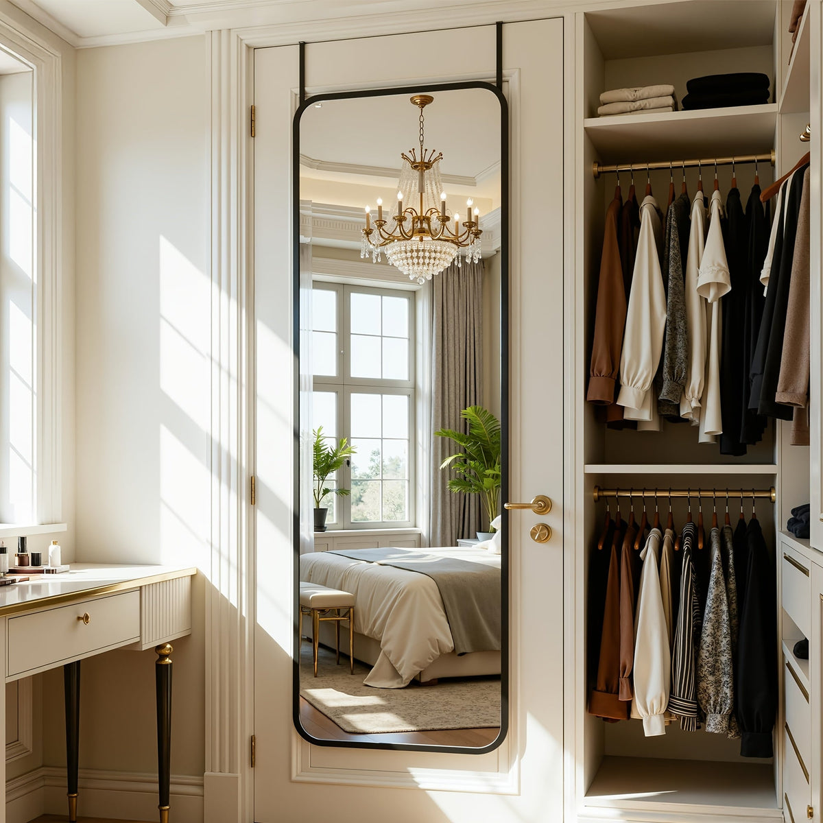 Miroir sur pied pleine longueur à sommet cintré – Miroir plein corps avec support pour chambre, salon et dressing, peut être fixé au mur, disponible en 3 tailles et 2 coloris (noir et doré)