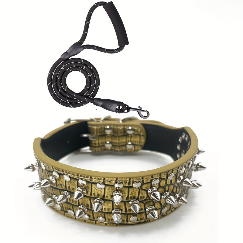 Ensemble collier et laisse pour chien à clous et rivets – Collier en cuir synthétique style punk rock pour dressage et promenade, ajustable et robuste avec boucle en métal pour petits, moyens et grands chiens