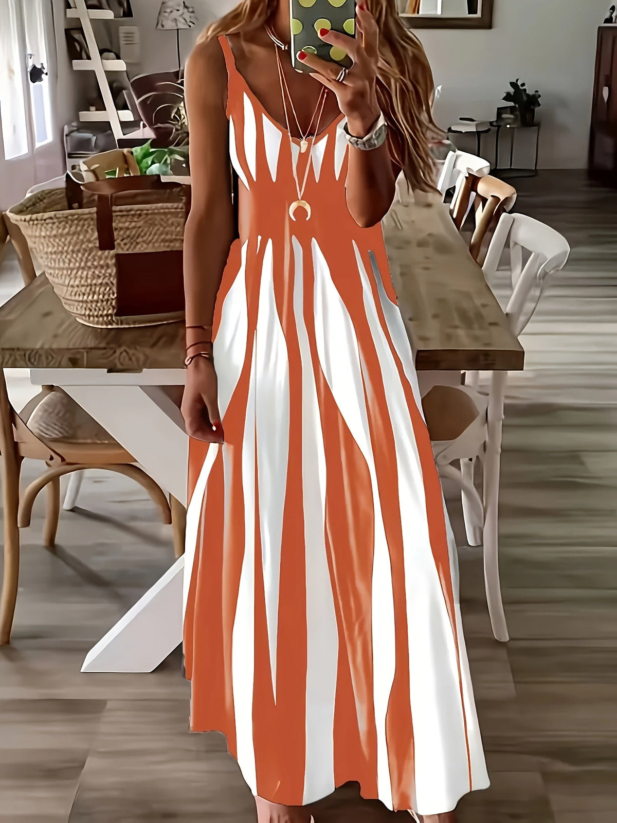 Robe décontractée à imprimé, col en V et bretelles spaghetti pour femme – Robe midi extensible en maille 100 % polyester pour toutes les saisons (printemps, été, automne, hiver)
