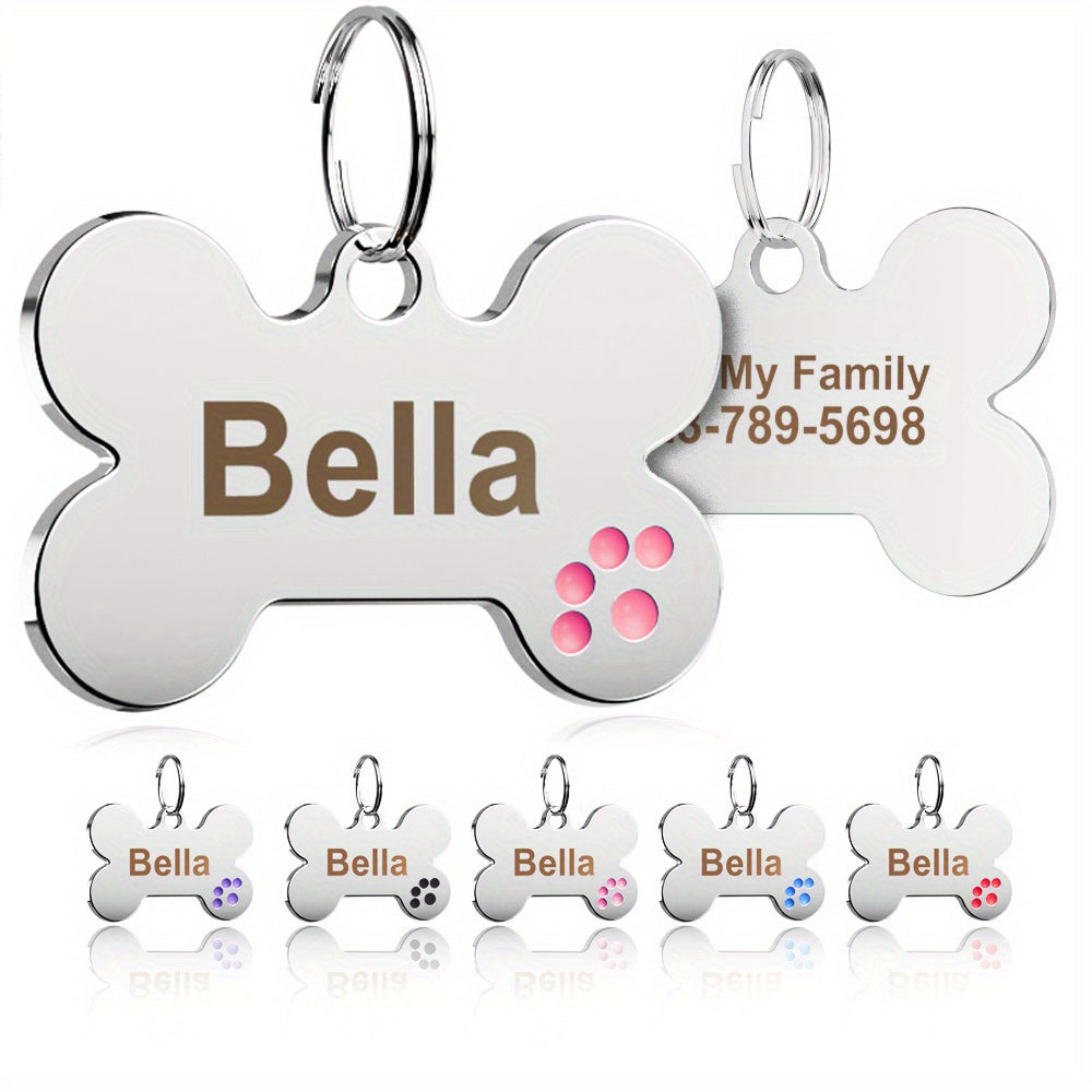 Médaille pour chien en forme d'os à glisser sur le collier, gravure personnalisée avec empreinte de patte - Plaque d'identification brillante pour chiens et chats, cadeau de Noël pour propriétaires d'animaux