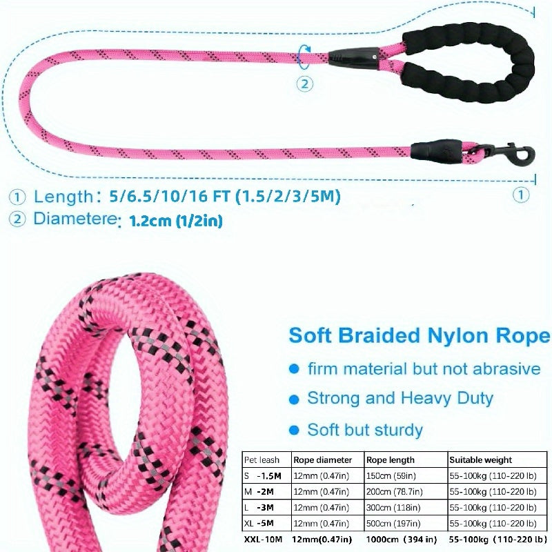 Laisse pour chien ronde et réfléchissante 12 mm – Laisse longue en nylon épais et robuste pour chiens moyens et grands – Laisse de marche avec coutures réfléchissantes pour la sécurité nocturne, l'entraînement en extérieur et l'usage quotidien