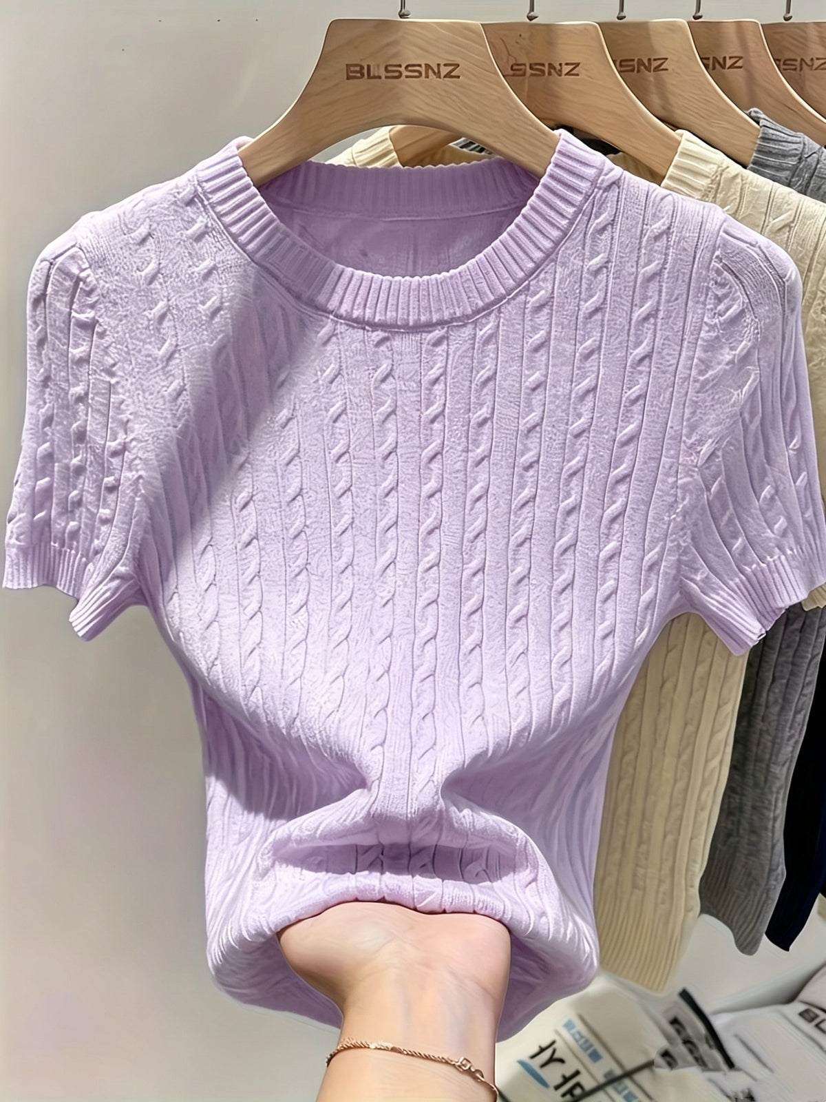 Pull femme en jacquard à manches courtes, chic, tricot torsadé, col rond, ourlet et poignets côtelés, léger, viscose, printemps-été, décontracté, S M L XL XXL
