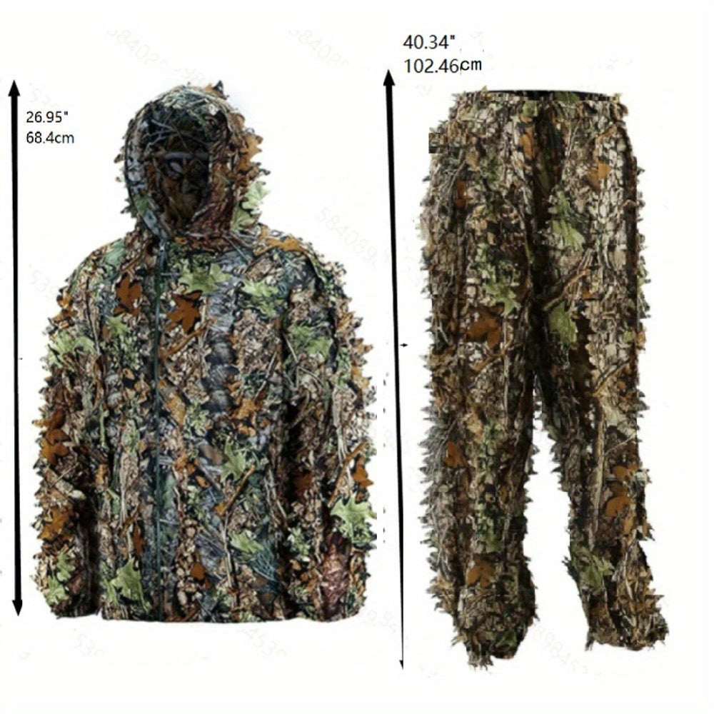 Tenue de camouflage 3D Ghillie pour homme – Ensemble veste à capuche et pantalon léger, vêtements de chasse respirants à motif feuilles 3D, 0,43 kg