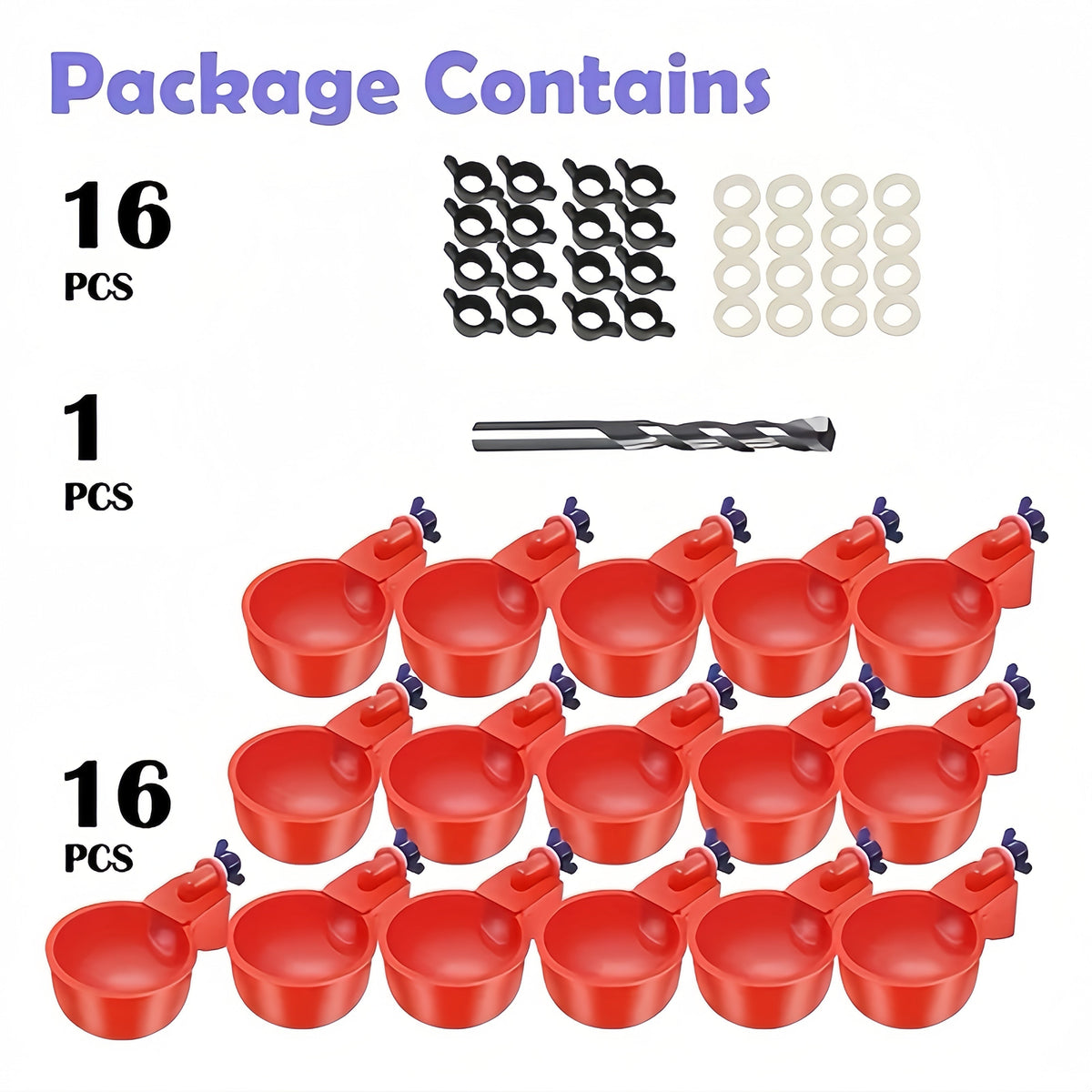 Lot de 16 abreuvoirs automatiques pour volailles – Bols auto-remplissants pour poules, canards et oiseaux avec foret et support – Valve à flotteur intégrée avec arrêt automatique – PP durable, sans pile requise