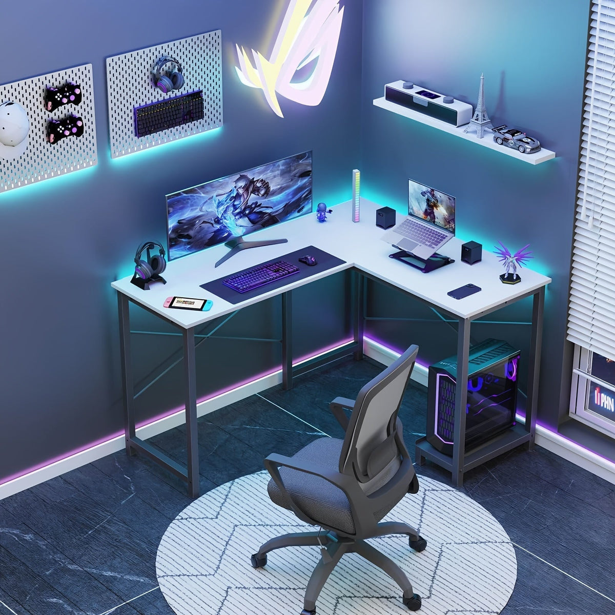 Bureau d'ordinateur en forme de L avec sac de rangement et étagères – Bureau d'angle réversible, poste de travail pour PC et ordinateur portable pour bureau à domicile, salle d'étude, bureau d'écriture peu encombrant