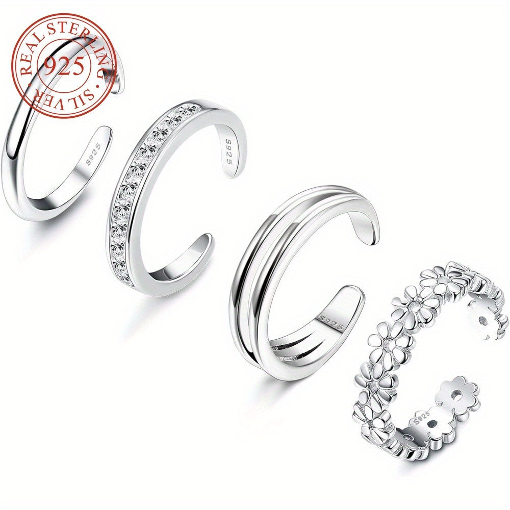 Lot de 4 bagues d'orteil réglables en argent sterling 925 pour femme - Anneaux ouverts avec fleur de marguerite et oxyde de zirconium, bijoux bohèmes légers de 6 g pour orteils, pouces ou petits doigts, cadeau pour vacances ou fête