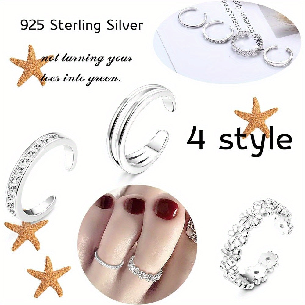 Lot de 4 bagues d'orteil réglables en argent sterling 925 pour femme - Anneaux ouverts avec fleur de marguerite et oxyde de zirconium, bijoux bohèmes légers de 6 g pour orteils, pouces ou petits doigts, cadeau pour vacances ou fête