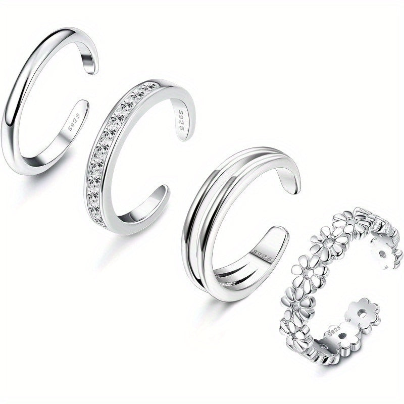 Lot de 4 bagues d'orteil réglables en argent sterling 925 pour femme - Anneaux ouverts avec fleur de marguerite et oxyde de zirconium, bijoux bohèmes légers de 6 g pour orteils, pouces ou petits doigts, cadeau pour vacances ou fête