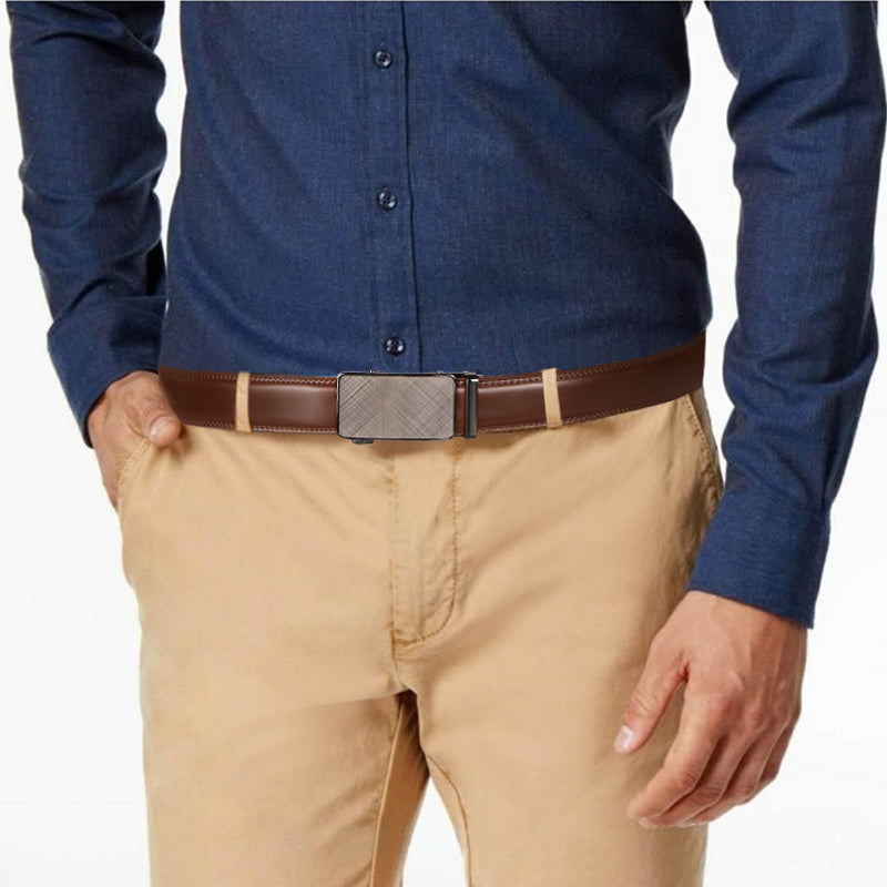 Ceinture pour homme en cuir véritable à boucle automatique avec cliquet – Ceinture habillée sans trou à boucle coulissante, noir/marron, convient aux tours de taille de 30" à 44", tenue formelle et décontractée