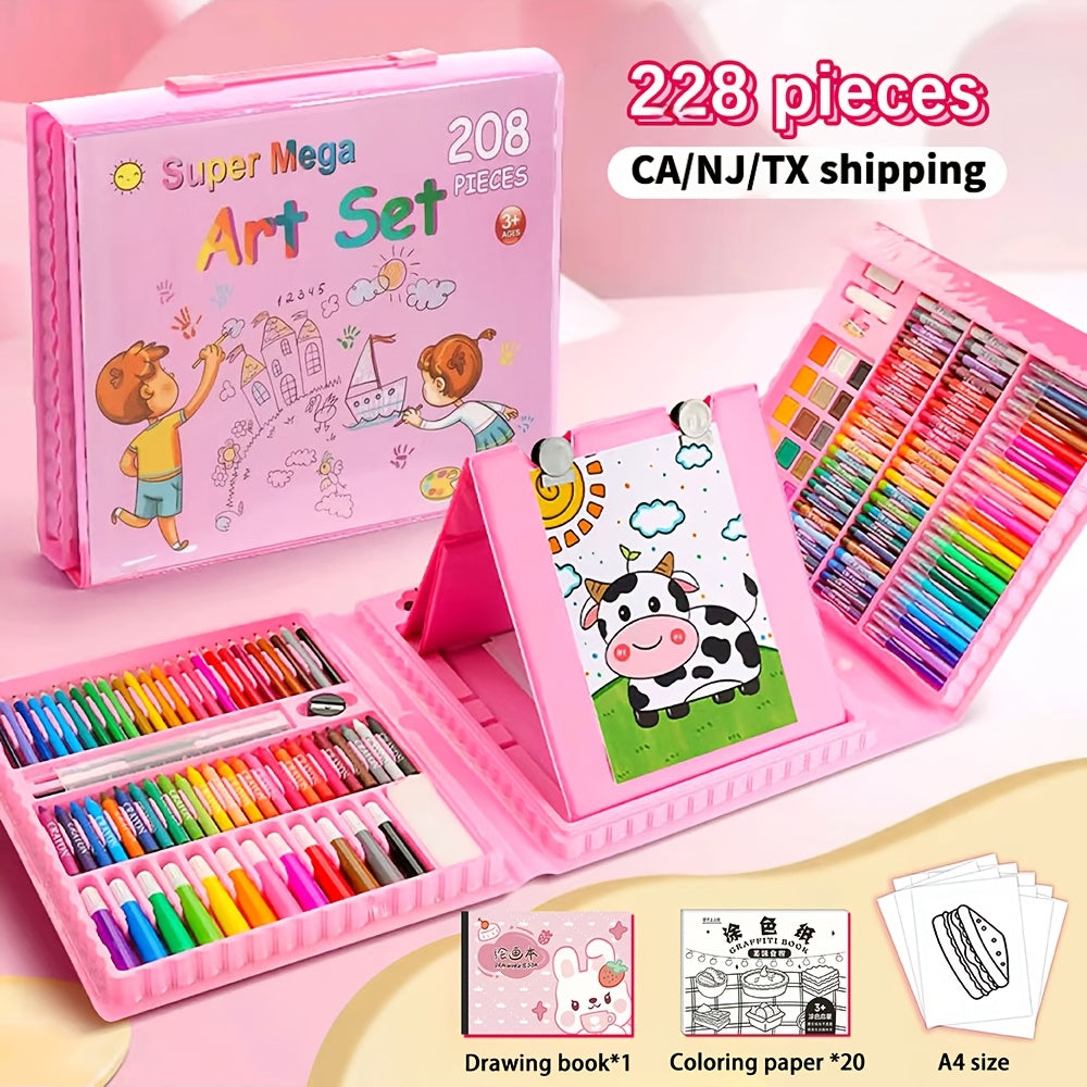 Kit de dessin et peinture pour enfants de 228 pièces avec chevalet, kit complet pour débutants de 3 à 12 ans, inclut carnet de croquis, livre de coloriage, marqueurs acryliques, feutres aquarellables, pastels à l'huile, crayons de couleur et gomme