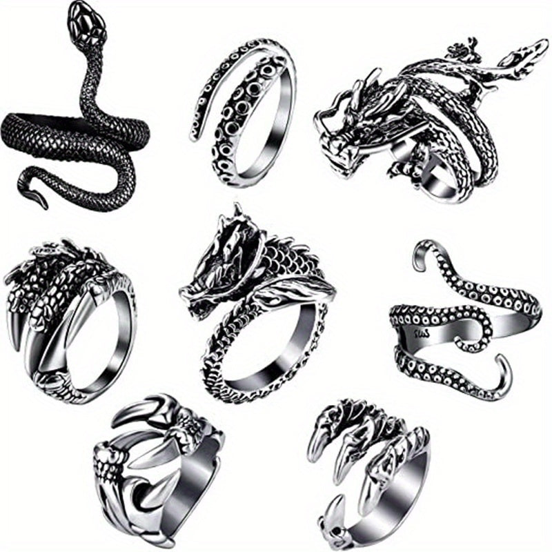 Ensemble de 8 bagues Dragon & Serpent – Bagues réglables en acier inoxydable 316 avec incrustations en zircone cubique, bijoux de style punk rétro vintage pour hommes et femmes, ensemble de bagues empilables audacieux en cadeau