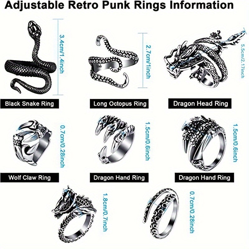 Ensemble de 8 bagues Dragon & Serpent – Bagues réglables en acier inoxydable 316 avec incrustations en zircone cubique, bijoux de style punk rétro vintage pour hommes et femmes, ensemble de bagues empilables audacieux en cadeau