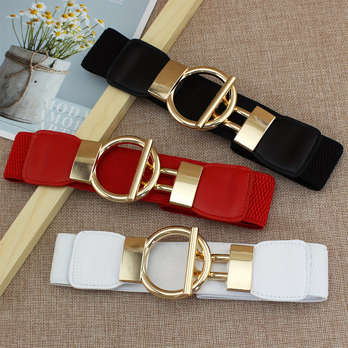 Lot de 3 ceintures élastiques pour femme – Ceinture large à boucle ronde, ensemble de ceintures extensibles de couleur unie classique (noir, rouge et blanc) pour robes, manteaux et tenues du quotidien
