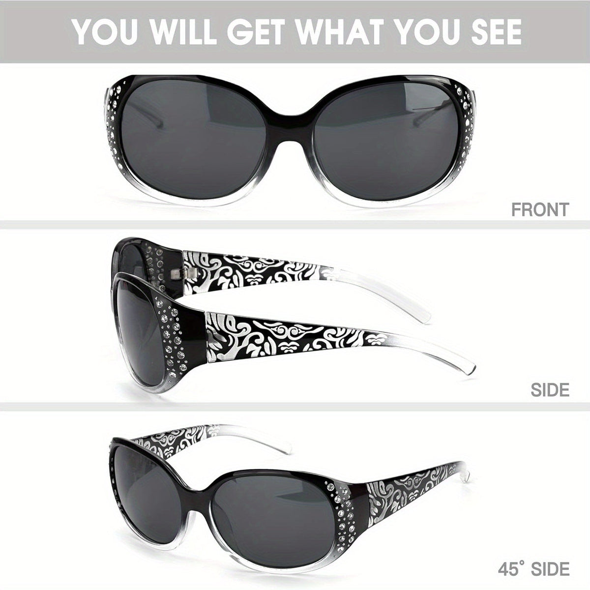 Lunettes de soleil polarisées enveloppantes pour femmes avec détails en strass, protection UV, verres dégradés, monture écran oversize, 4 couleurs