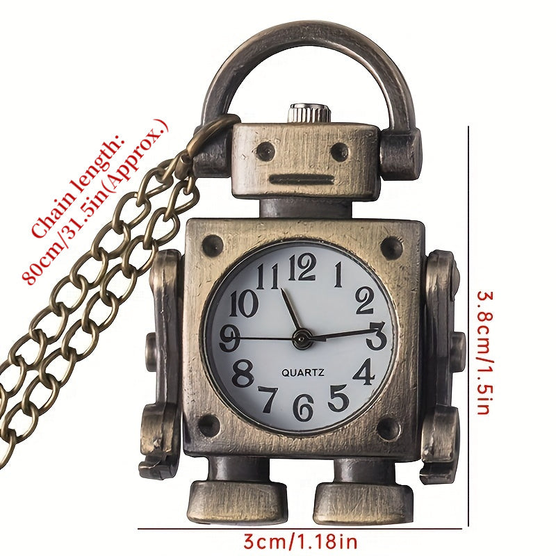 Montre de poche à quartz en forme de robot vintage avec porte-clés – Pendentif rond rétro en alliage de zinc, breloque de sac, cadeau unique pour Noël, un anniversaire ou le Nouvel An