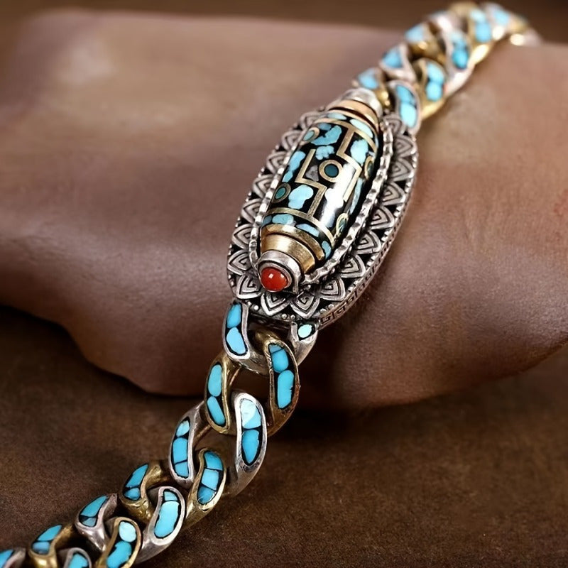 Bracelet gourmette en acier inoxydable pour homme avec perles de turquoise – Bijou de poignet bohème unique et tendance, accessoire streetwear, bracelet décontracté et élégant