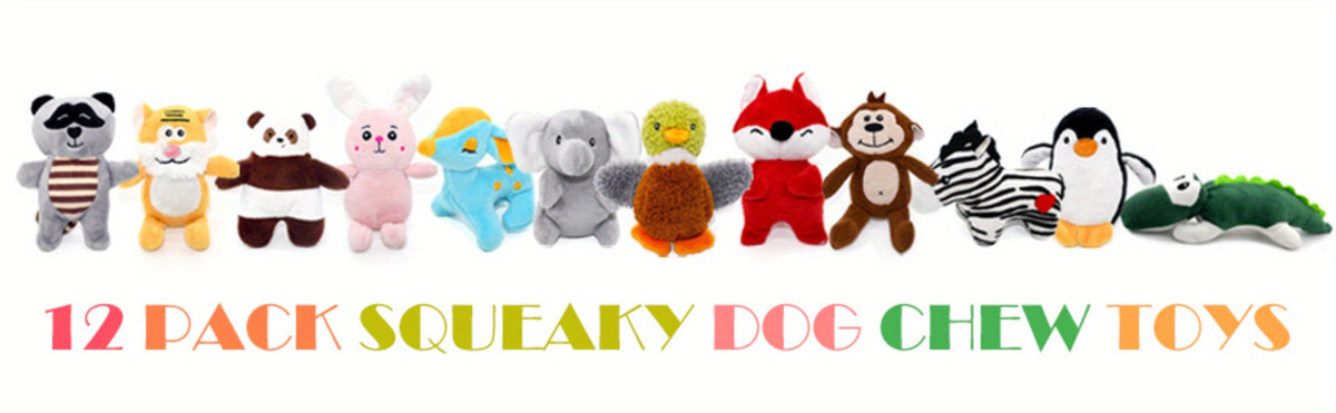 Lot de 12 jouets en peluche couineurs pour chiens – Jouets pour chiots, petits et moyens chiens – Jouets de dentition doux avec coffret cadeau : renard, tigre, lapin, panda et plus
