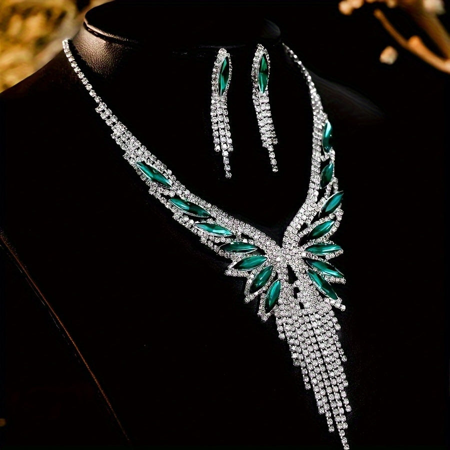 Parure de bijoux pour femme en strass cristal et pierre synthétique verte – Élégant ensemble collier et boucles d’oreilles 2 pièces, somptueux cadeau de bijoux pour mariage, fête ou bal, pour ses occasions spéciales
