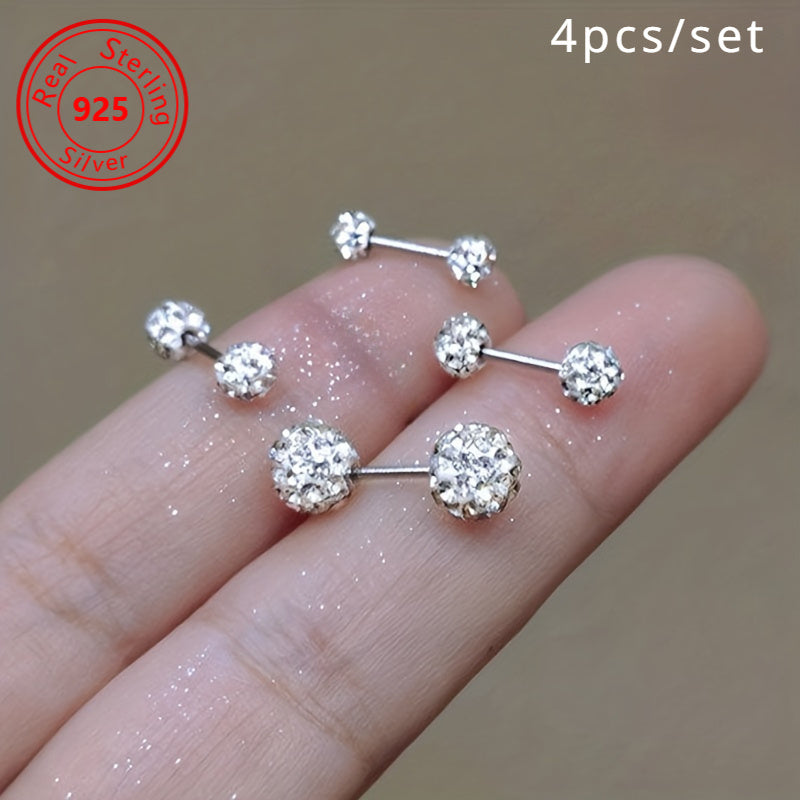 Lot de 4 boucles d'oreilles en argent sterling 925 – Clous d'oreilles bohèmes sphériques avec incrustation de zirconium, bijoux fantaisie de luxe délicats pour femmes, ensemble de boucles d'oreilles en argent hypoallergénique