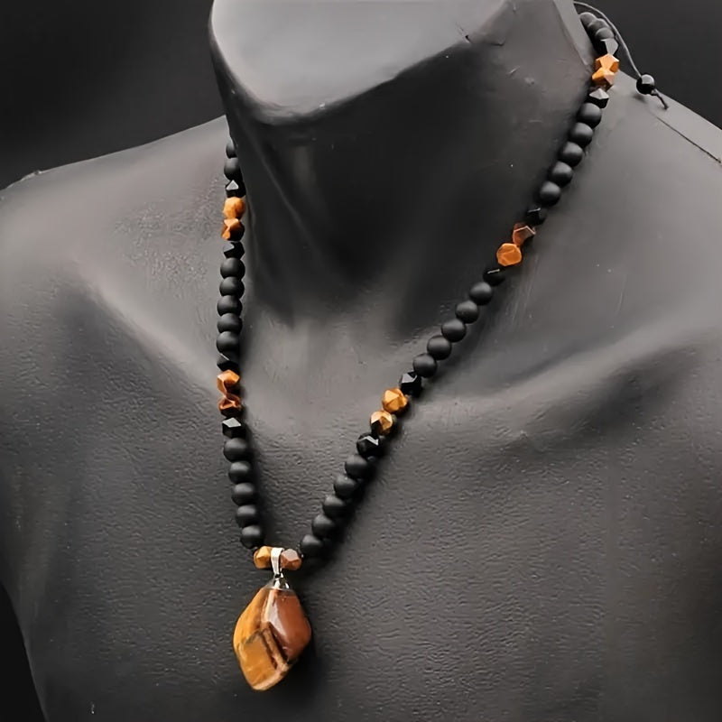 Collier pour homme en œil de tigre, perles en pierre naturelle de 8 mm, pendentif, longue chaîne réglable en agate noire, bijoux bohèmes pour homme, cadeau