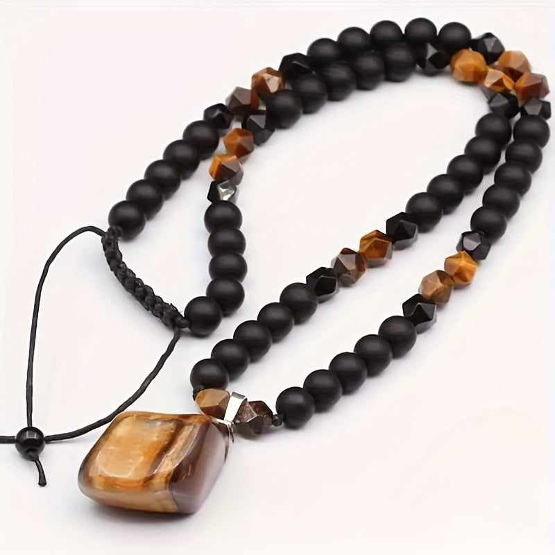 Collier pour homme en œil de tigre, perles en pierre naturelle de 8 mm, pendentif, longue chaîne réglable en agate noire, bijoux bohèmes pour homme, cadeau