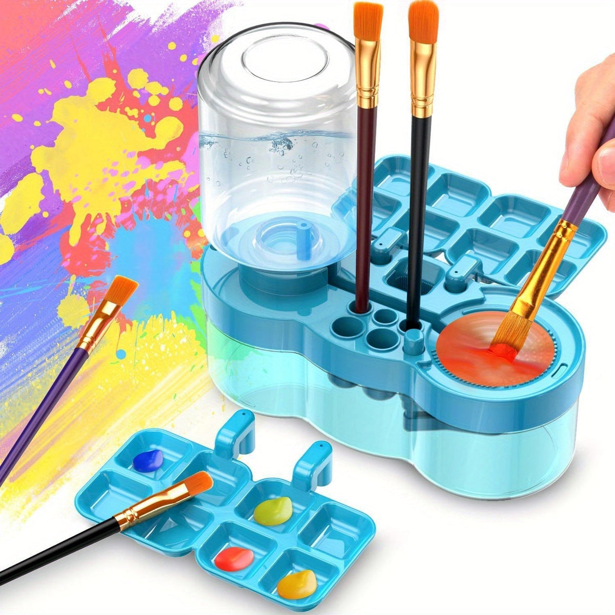 Nettoyant pour pinceaux 6-en-1 amélioré avec bac de drainage, porte-pinceau et outil de nettoyage à circulation d'eau pour peinture acrylique, aquarelle et peintures à l'eau, fournitures d'art pour artistes, bleu et violet