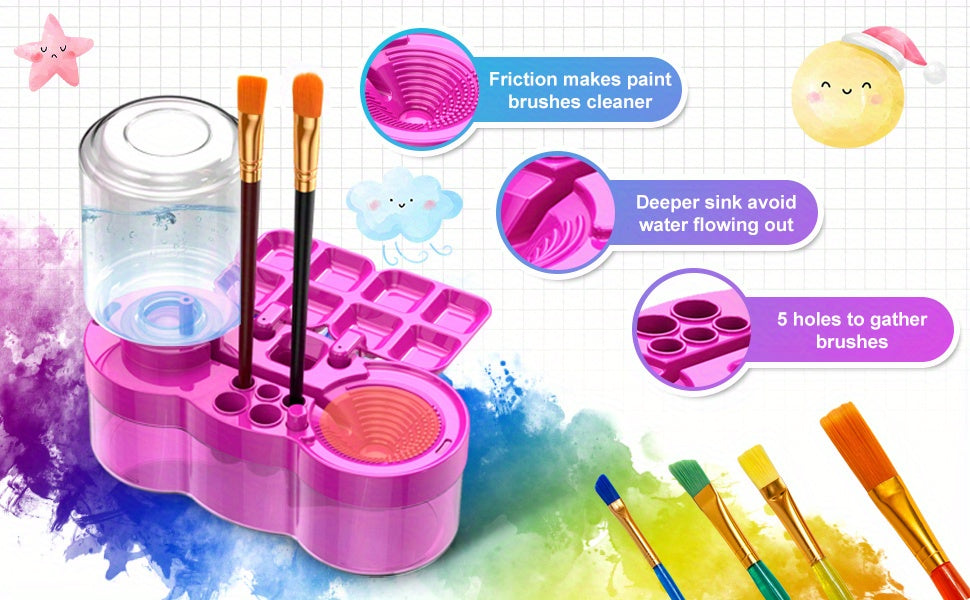 Nettoyant pour pinceaux 6-en-1 amélioré avec bac de drainage, porte-pinceau et outil de nettoyage à circulation d'eau pour peinture acrylique, aquarelle et peintures à l'eau, fournitures d'art pour artistes, bleu et violet