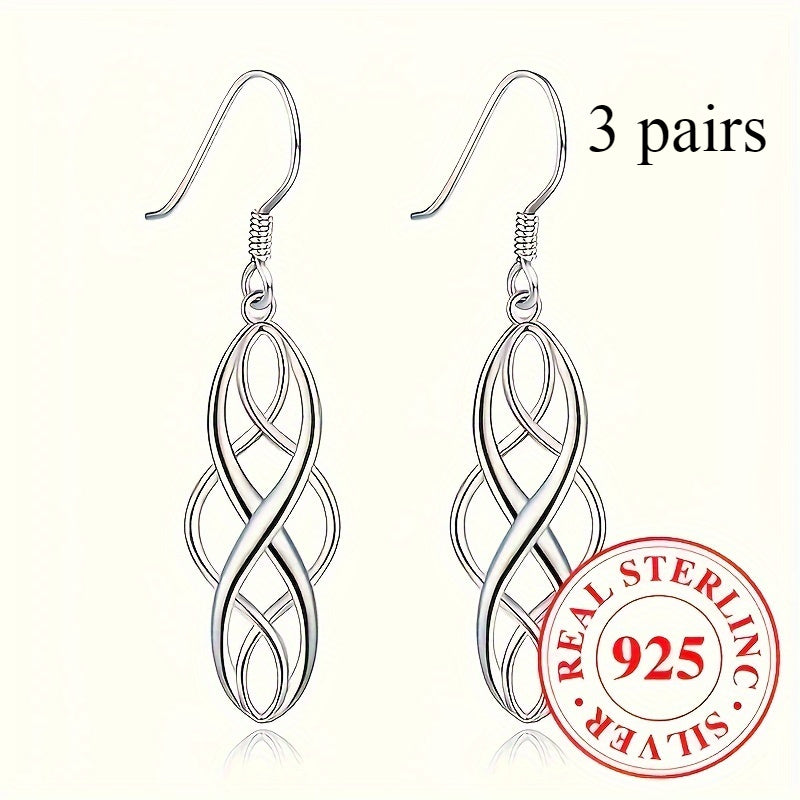 Lot de 3 paires de boucles d'oreilles pendantes en argent sterling 925 avec nœud celtique pour femme – Parure de boucles d'oreilles pendantes creuses hypoallergéniques, cadeau de bijoux élégants pour le quotidien et les tenues décontractées